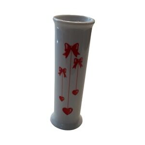 Vintage FTDA White Ceramic Bud Vase Red Bows and Hearts Made in Korea Retro 7x2